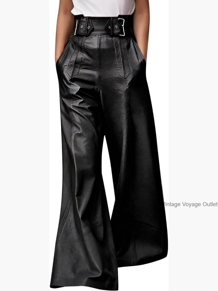 Women's Faux Leather Wide Leg Pants High Waist Pleated With Pockets